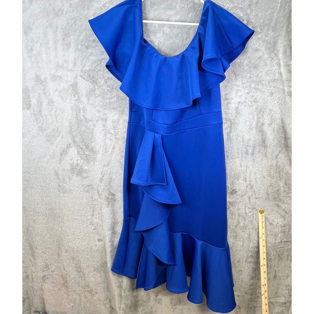 Royal Blue Ruffle Off Shoulder Asymmetrical Midi Dress M Bodycon Mermaid‎ Formal